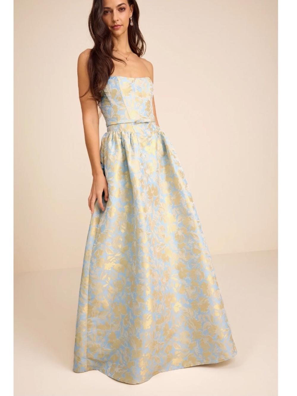 NWT Lulus Bradshaw Light Blue and Yellow Floral Jacquard Maxi Dress M